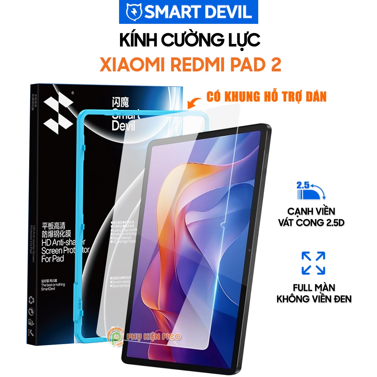 Kính cường lực Xiaomi Redmi Pad 2 full màn hình chính hãng Smart Devil có khung hỗ trợ dán