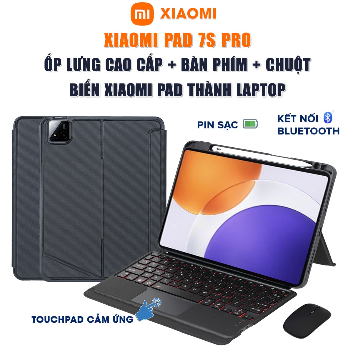 Ốp lưng Xiaomi Pad 7S Pro bao da cao cấp kèm bàn phím chuột cảm ứng 720 độ tách rời linh hoạt