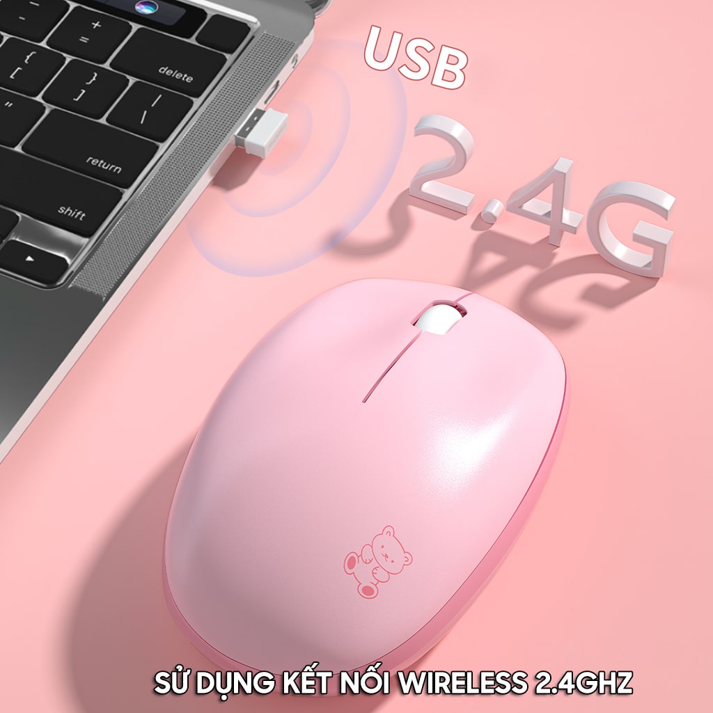Chuột không dây Mofii M8AG Wireless 2.4G 1600DPI sử dụng cho máy tính, Laptop Chuột hồng dễ thương cute hình gấu