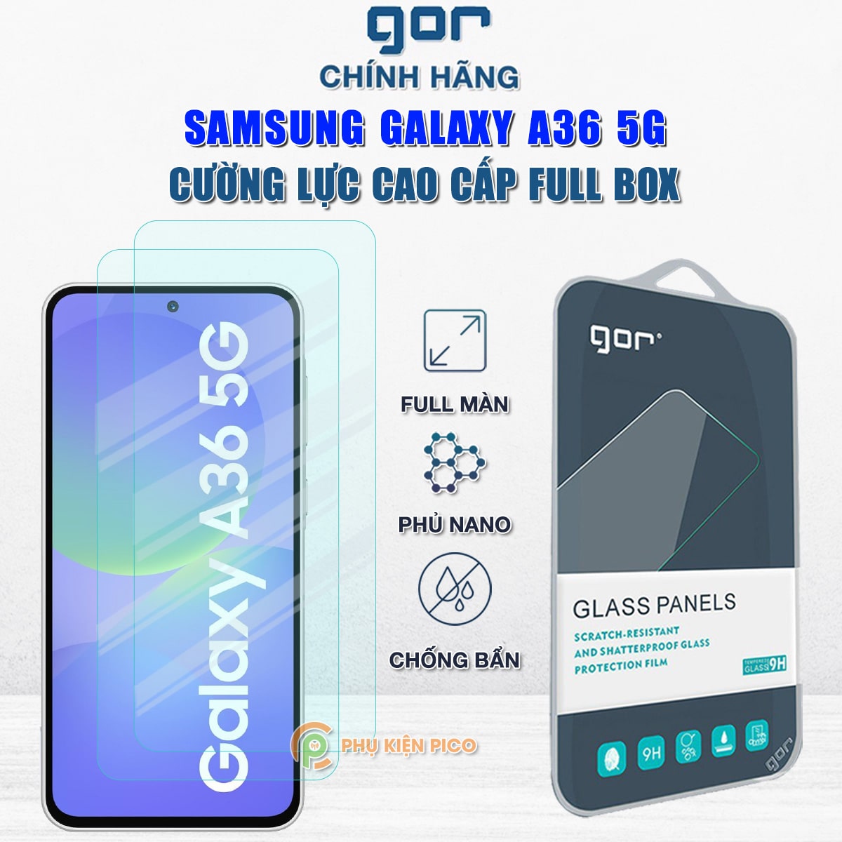 Kính cường lực Samsung Galaxy A36 5G full màn hình chính hãng Gor phủ nano