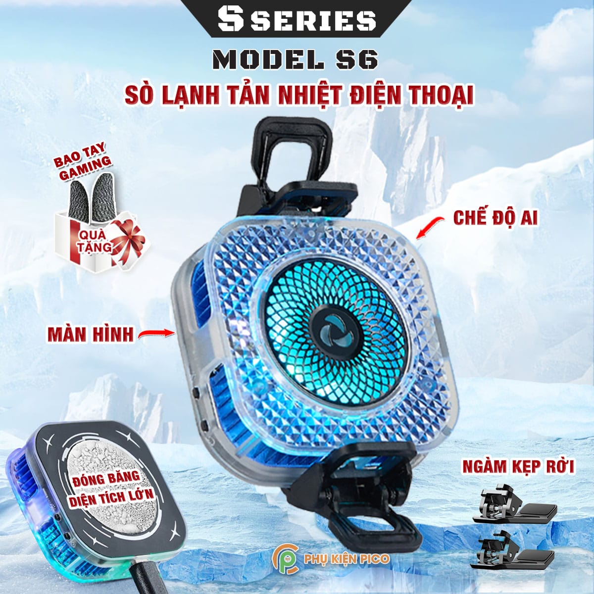 Quạt tản nhiệt điện thoại sò lạnh từ tính S6 tích hợp AI thông minh Led RGB Gaming có màn hình hiển thị nhiệt độ ngàm kẹp rời