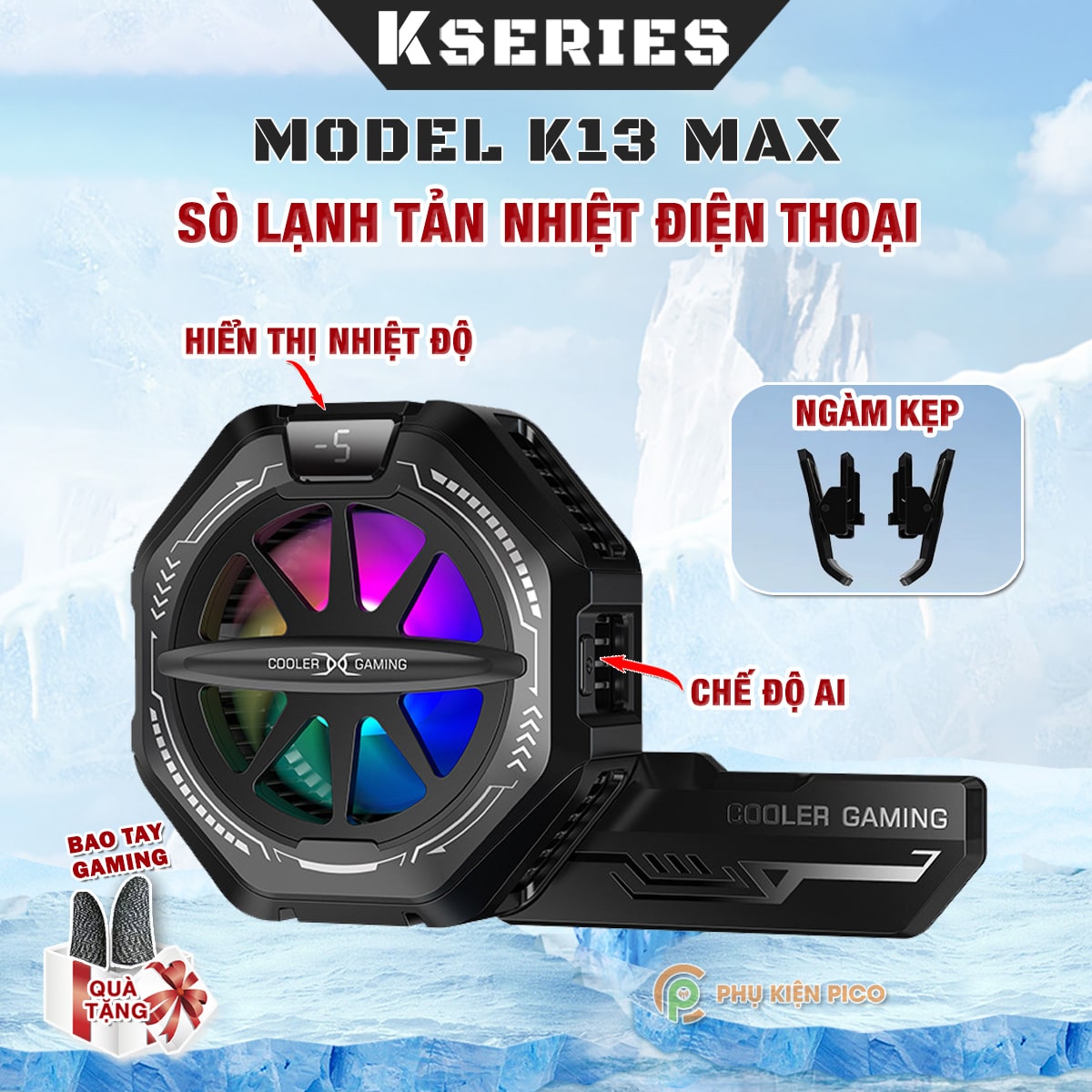 Quạt tản nhiệt điện thoại sò lạnh từ tính K13 Max chỉnh nhiệt AI Led RGB hiển thị nhiệt độ công suất 15W có ngàm kẹp rời