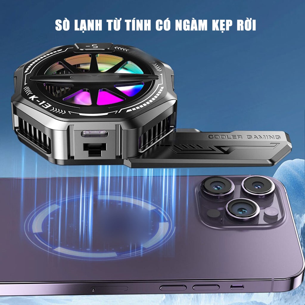 Quạt tản nhiệt điện thoại sò lạnh từ tính K13 Max chỉnh nhiệt AI Led RGB hiển thị nhiệt độ công suất 15W có ngàm kẹp rời