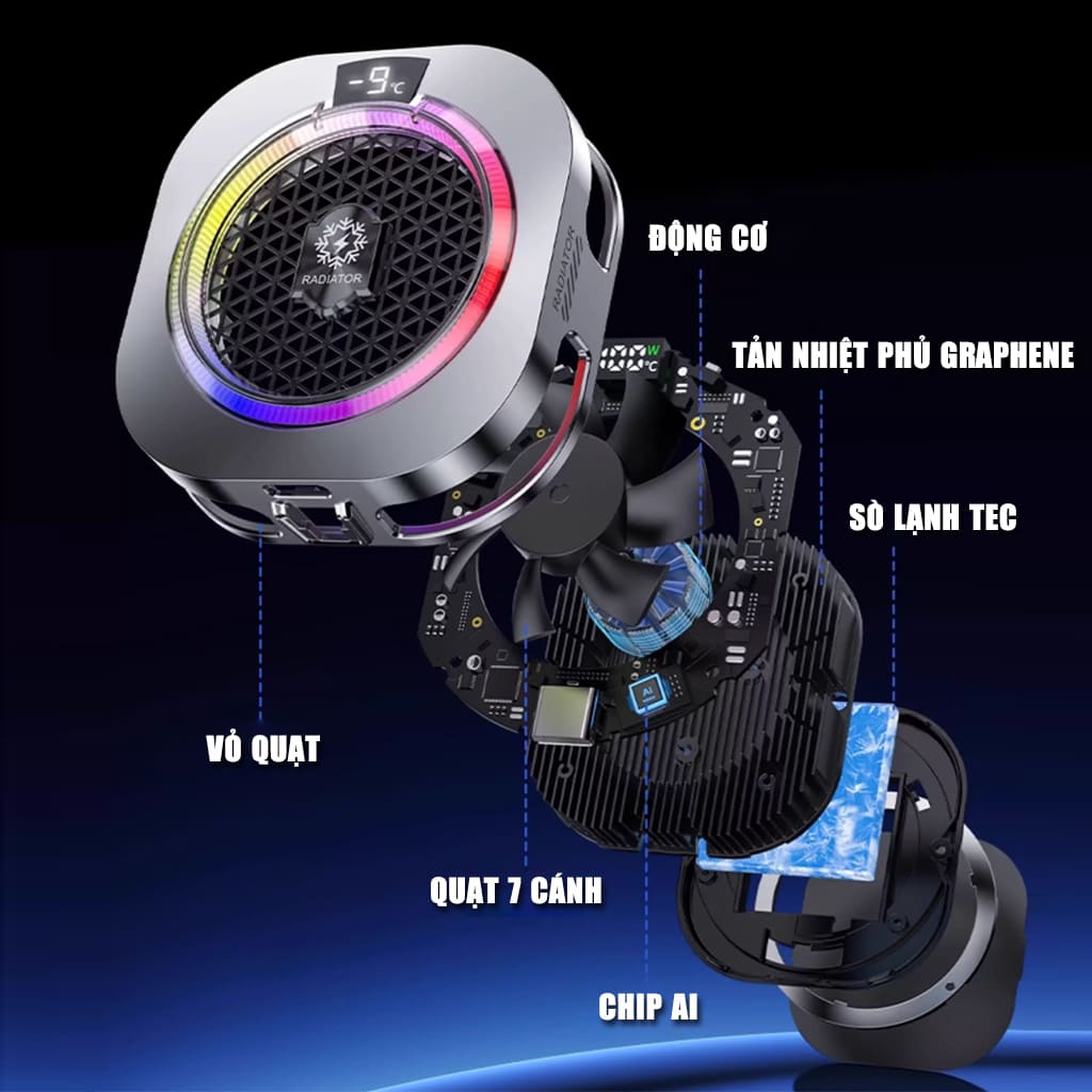 Quạt tản nhiệt điện thoại sò lạnh cao cấp TH16 Pro AI 24W kiểm soát nhiệt thông minh AI Led RGB làm lạnh không tụt FPS khi chơi game PUBG