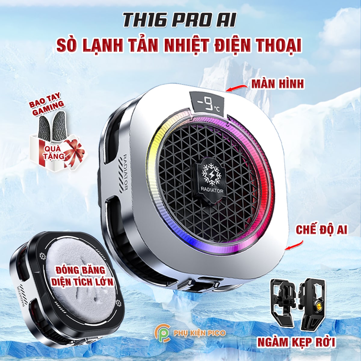 Quạt tản nhiệt điện thoại sò lạnh cao cấp TH16 Pro AI 24W kiểm soát nhiệt thông minh AI Led RGB làm lạnh không tụt FPS khi chơi game PUBG