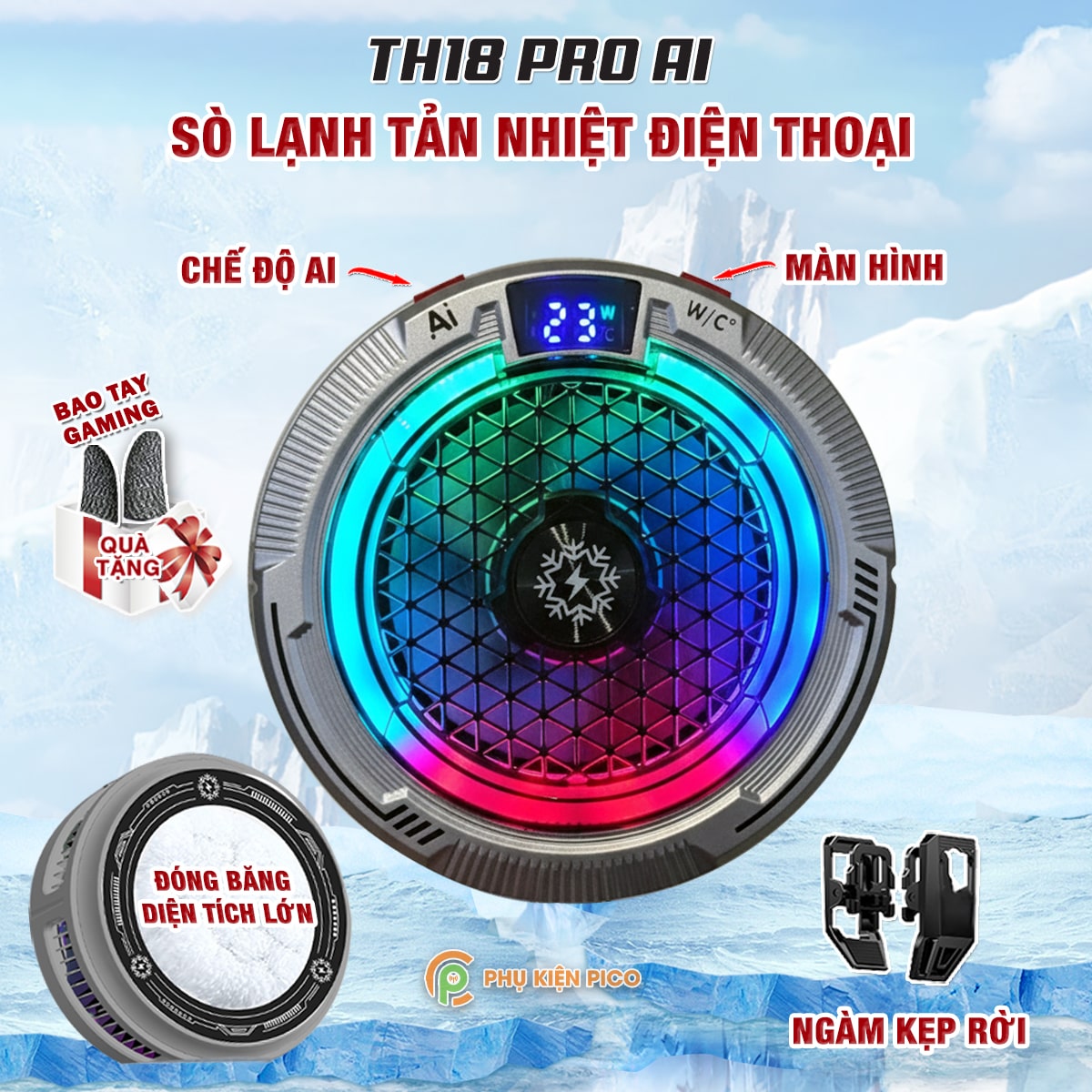 Quạt tản nhiệt điện thoại sò lạnh cao cấp TH18 Pro AI 24W kiểm soát nhiệt thông minh AI Led RGB làm lạnh không tụt FPS khi chơi game PUBG