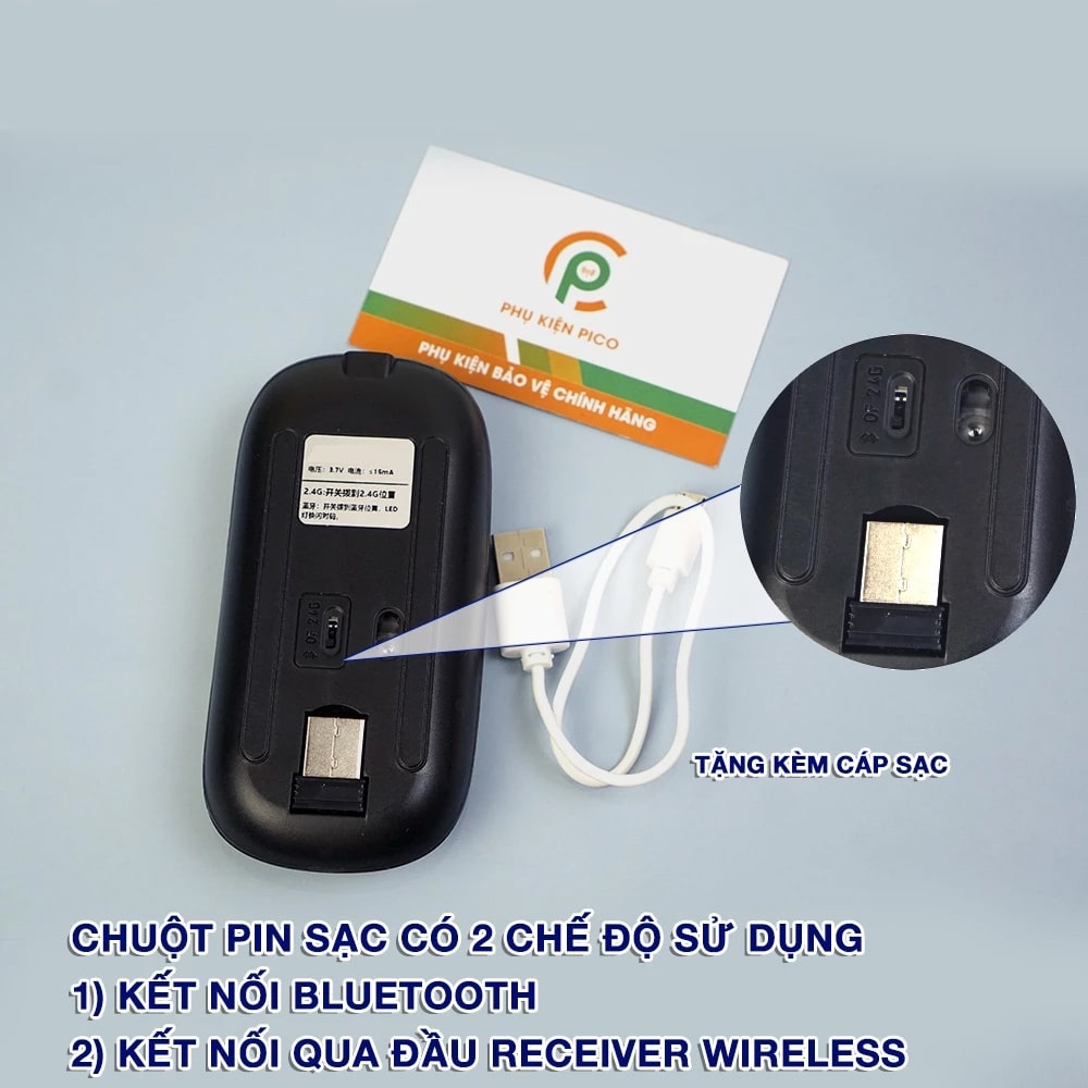 Chuột không dây Bluetooth Wireless 2.4G im lặng siêu mỏng pin sạc có đèn LED dùng làm việc chơi game văn phòng