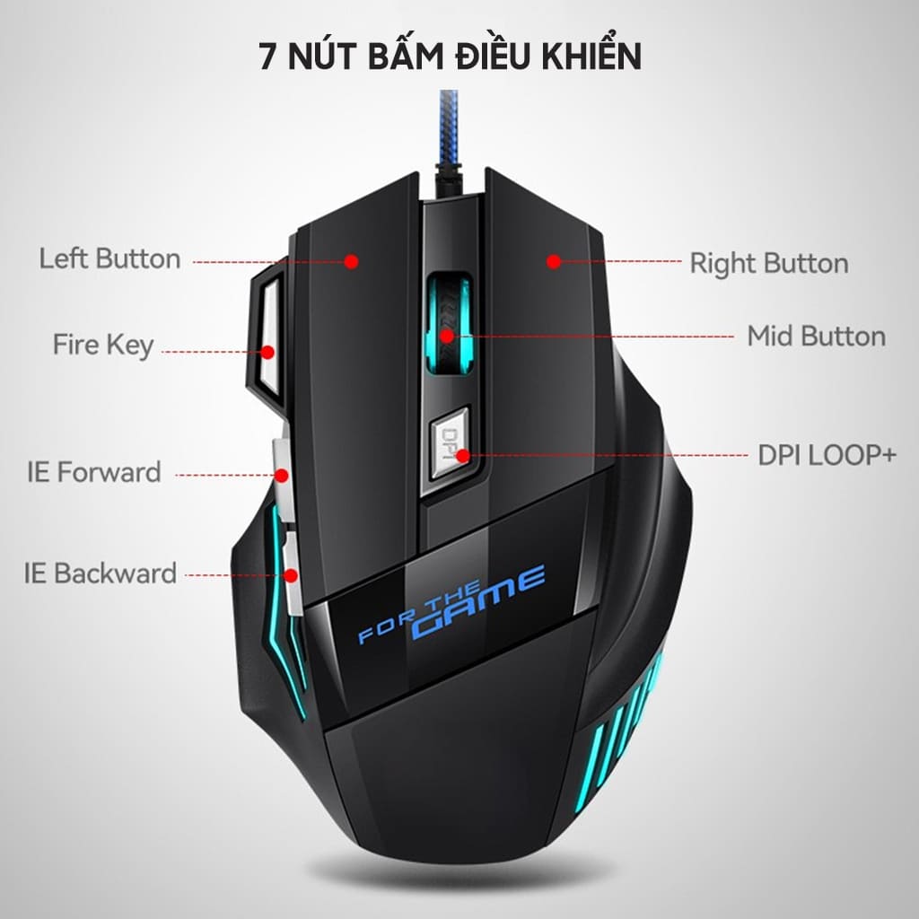 Chuột có dây Gaming G6 2400 DPI Led RGB đổi màu 7 nút bấm dây bọc dù chắc chắn chuột máy tính văn phòng chơi game giá rẻ