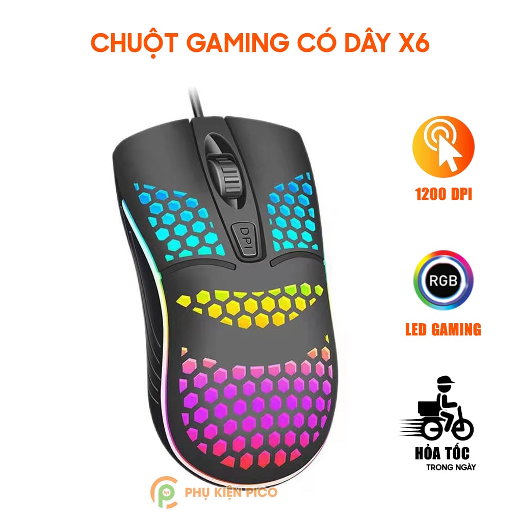 Chuột có dây Gaming X6 1200 DPI USB Led RGB đục lỗ chuột máy tính văn phòng chơi game giá rẻ