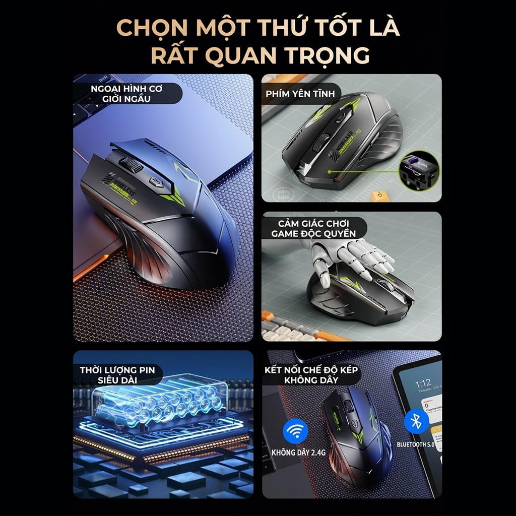 Chuột không dây Bluetooth Wireless 2.4G Z5 Gaming pin sạc 500mAh 6 nút bấm dùng chơi game làm việc máy tính văn phòng