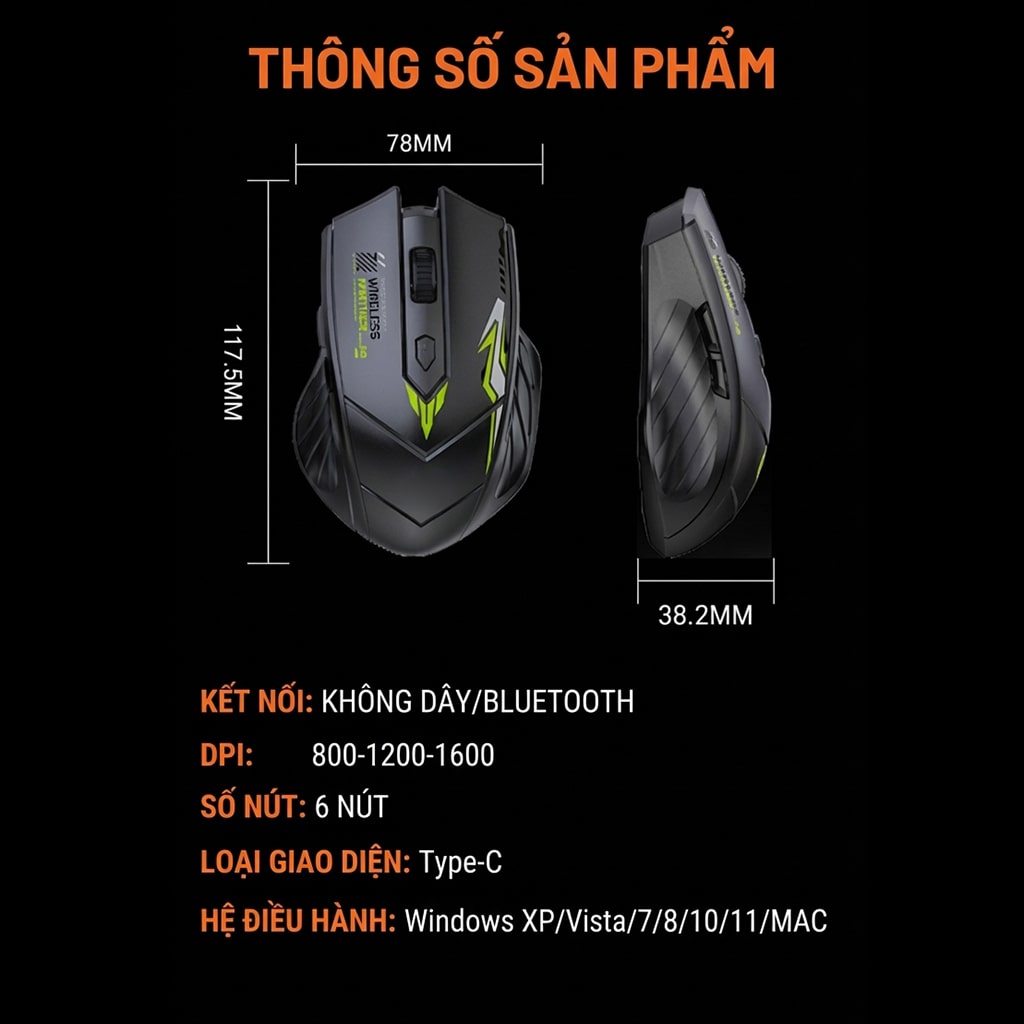 Chuột không dây Bluetooth Wireless 2.4G Z5 Gaming pin sạc 500mAh 6 nút bấm dùng chơi game làm việc máy tính văn phòng