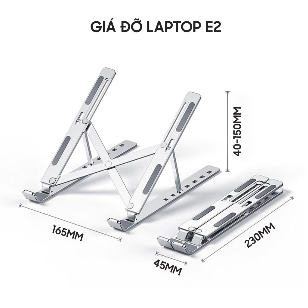 Giá đỡ tản nhiệt laptop Ipad E2 hợp kim nhôm cao cấp gấp gọn đế tản nhiệt 7 nấc điều chỉnh độ cao màu bạc