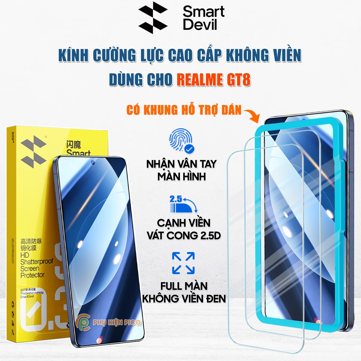 Kính cường lực Realme GT8 trong suốt full màn hình chính hãng Smart Devil có khung hỗ trợ dán