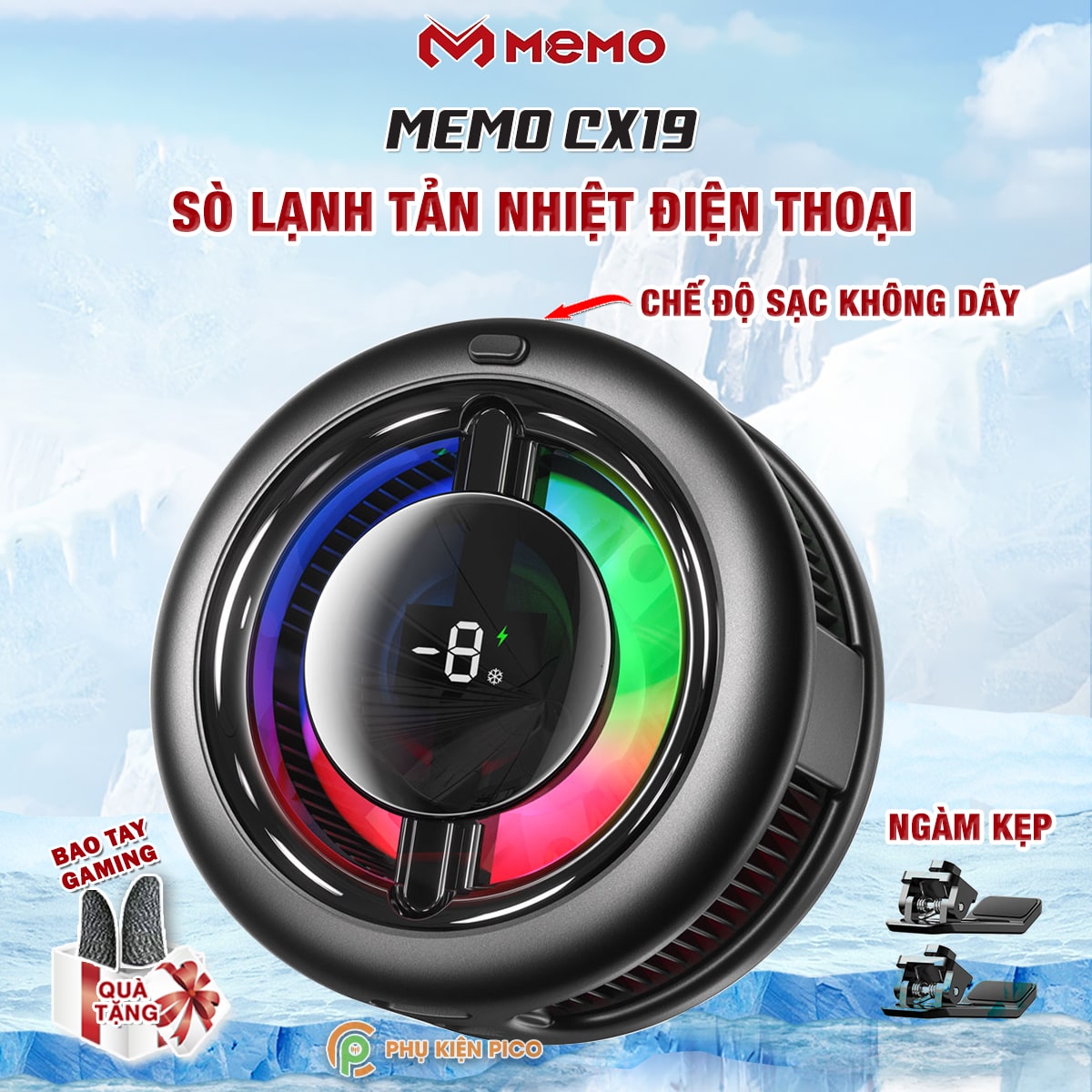 Quạt tản nhiệt điện thoại sò lạnh Memo CX19 có sạc không dây màn hình hiển thị nhiệt độ đèn Led Gaming thế hệ mới