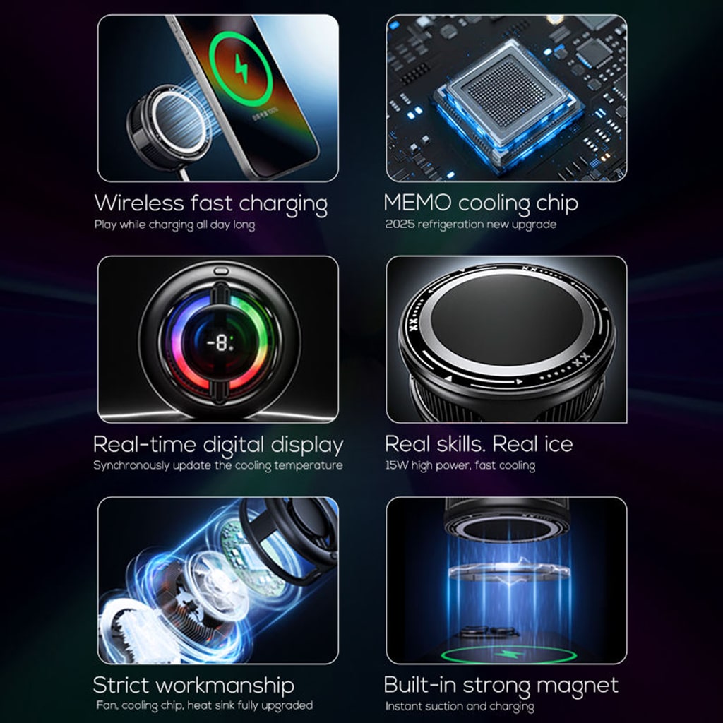 Quạt tản nhiệt điện thoại sò lạnh Memo CX19 có sạc không dây màn hình hiển thị nhiệt độ đèn Led Gaming thế hệ mới