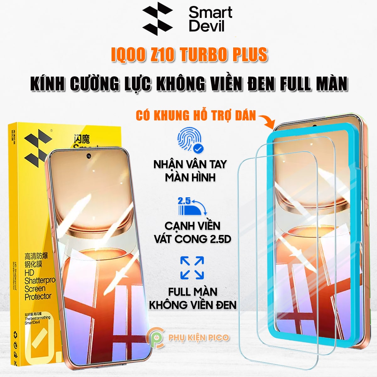 Kính cường lực Vivo iQOO Z10 Turbo Plus trong suốt full màn hình chính hãng Smart Devil