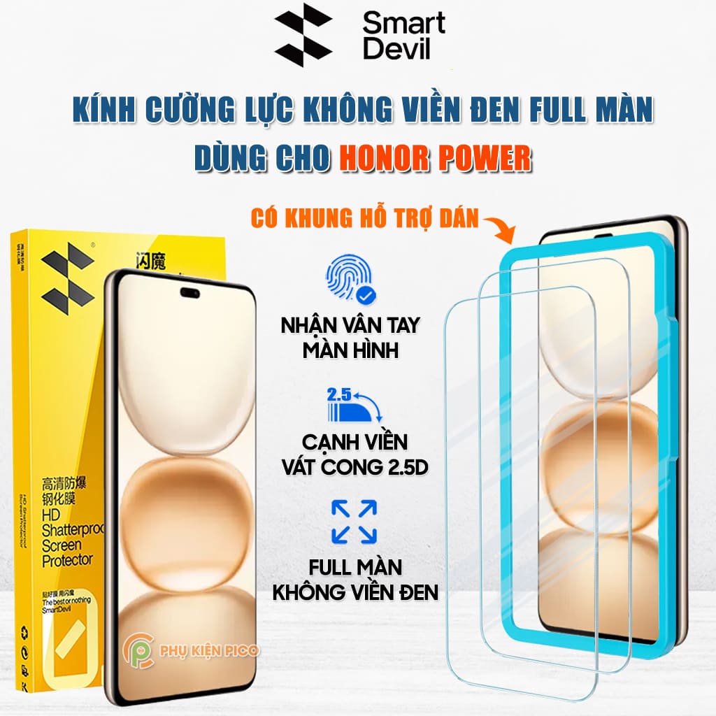 Kính cường lực Honor Power trong suốt không viền đen full màn hình Smart Devil có khung hỗ trợ dán