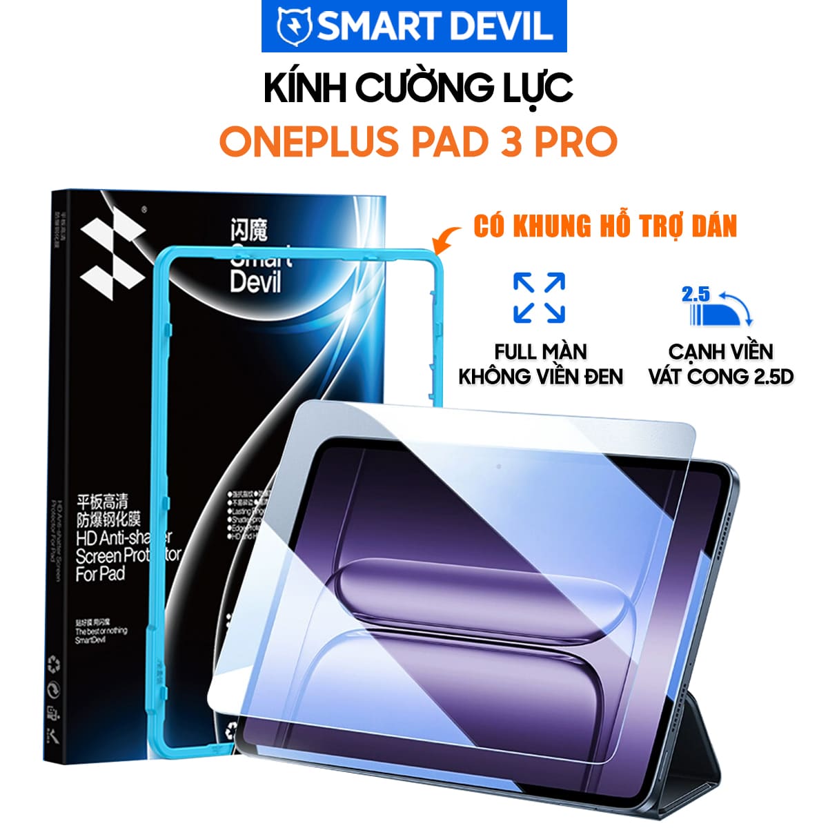 Kính cường lực Oneplus Pad 3 Pro full màn hình không viền đen hãng Smart Devil có khung hỗ trợ dán