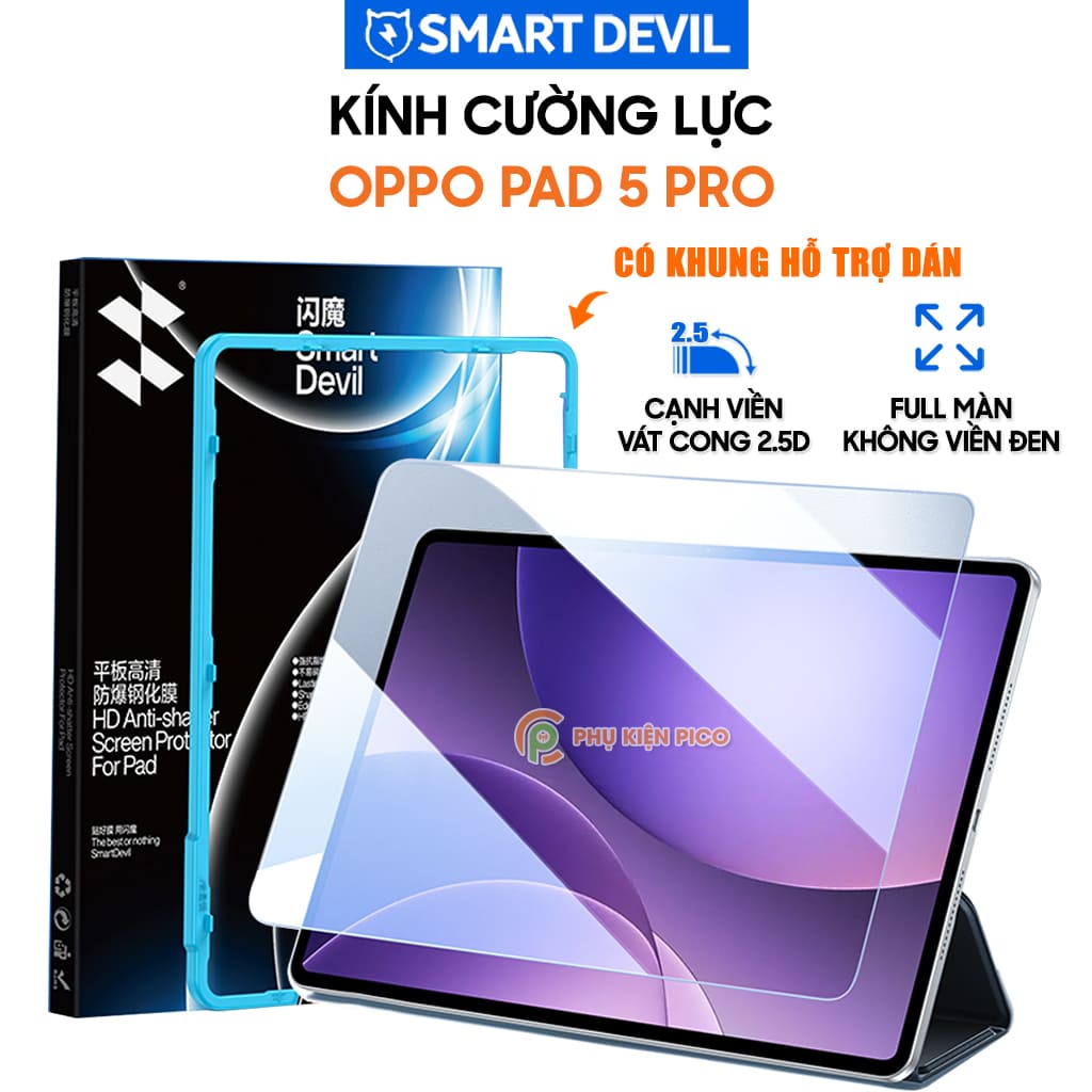 Kính cường lực Oppo Pad 5 Pro 13.2 Inch Smart Devil full màn hình trong suốt không viền đen có khung hỗ trợ dán