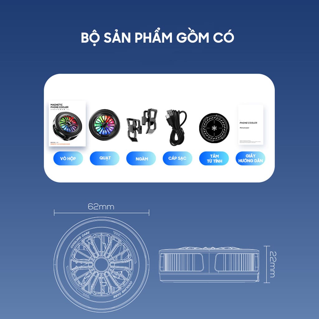 Quạt sò lạnh tản nhiệt điện thoại K5 (Y5) đóng băng bề mặt có ngàm kẹp rời giảm nhiệt nhanh hỗ trợ tăng FPS Gaming Liên Quân PUBG