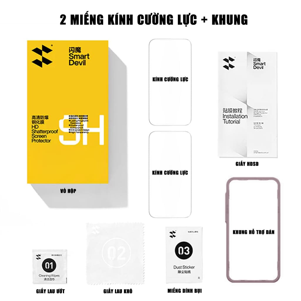 Thông số kỹ thuật kính cường lực SmartDevil full box bao gồm 2 miếng kính và khung hỗ trợ dán