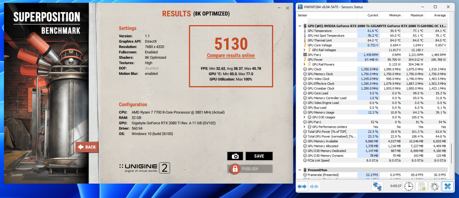 Nhiệt độ GPU RTX 2080Ti với keo cũ: GPU 77°C, Hotspot 93°C – Nguồn: VOZ