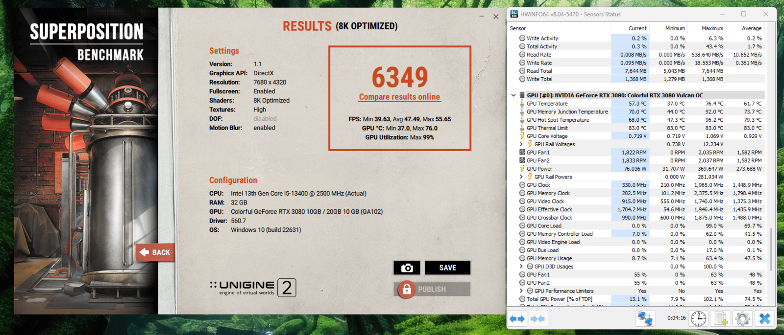 Nhiệt độ GPU RTX 3080 Vulcan với keo cũ: GPU 76°C, Hotspot 96°C – Nguồn: VOZ