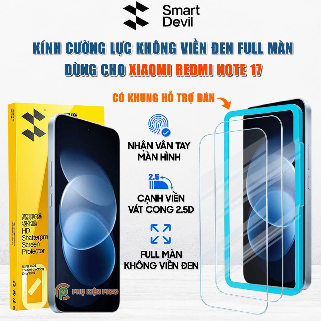 Kính cường lực Xiaomi Redmi Note 17 trong suốt full màn hình không viền đen hãng Smart Devil có khung hỗ trợ dán