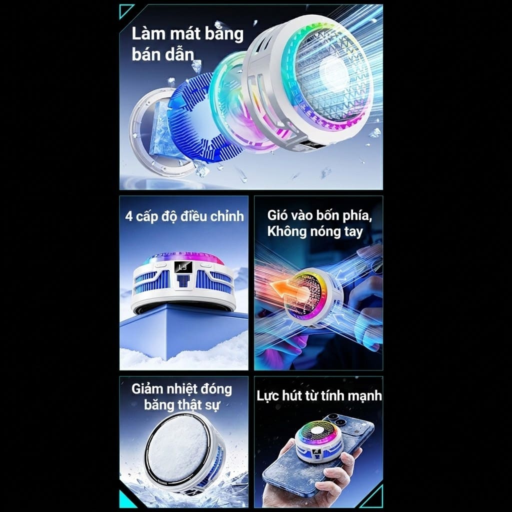 Quạt sò lạnh tản nhiệt điện thoại cao cấp TH20 Pro 9V AI kiểm soát nhiệt thông minh Led RGB làm lạnh nhanh không tụt FPS khi chơi game Mobile