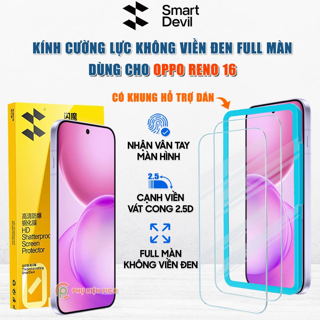 Kính cường lực Smart Devil OPPO Reno 16 tiêu chuẩn full màn hình