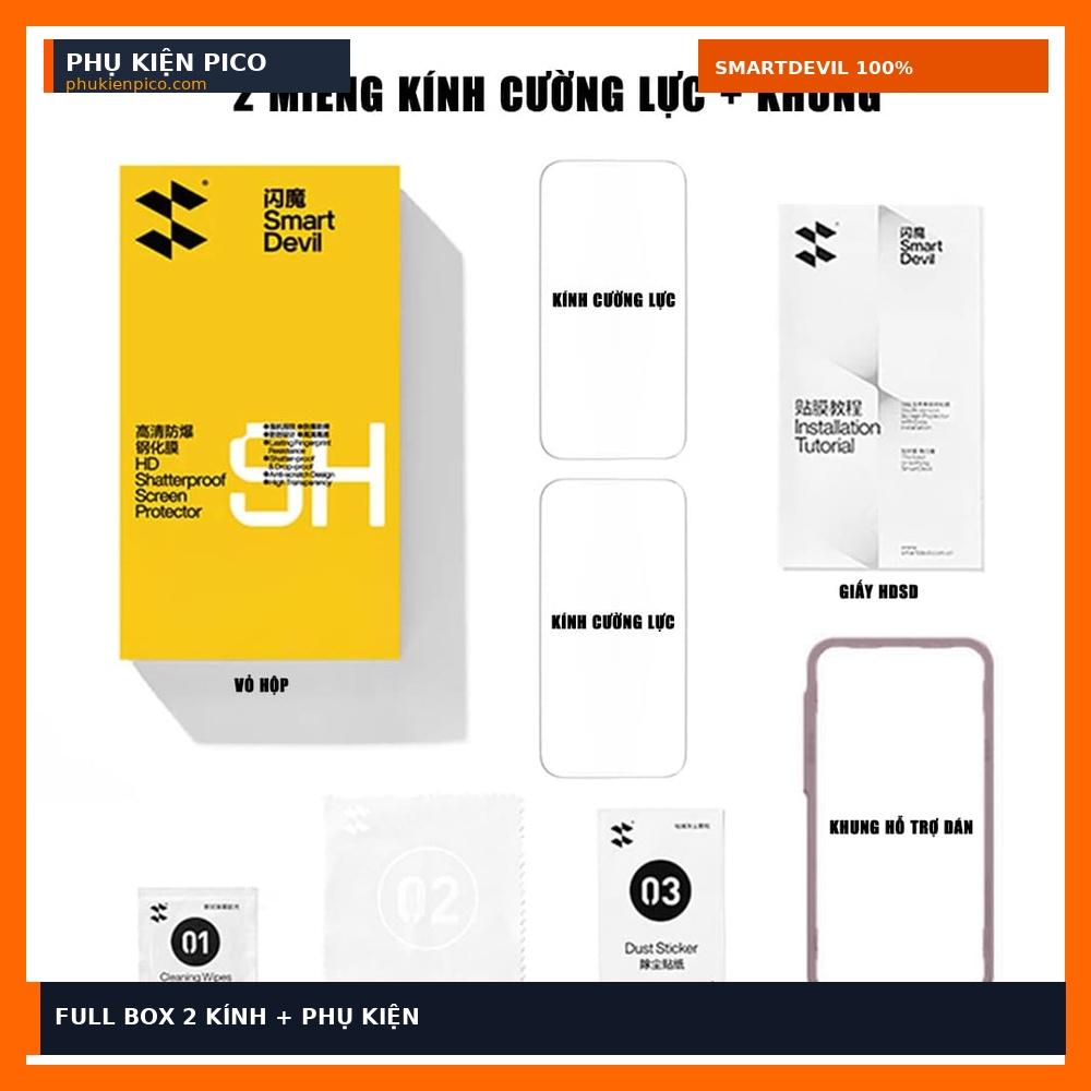 Hộp kính cường lực iPhone 18 Pro SmartDevil 2 kính 1 khung dán