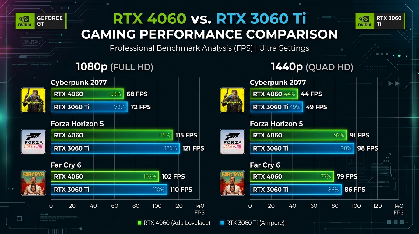 Biểu đồ so sánh FPS gaming RTX 4060 và RTX 3060 Ti ở 1080p và 1440p