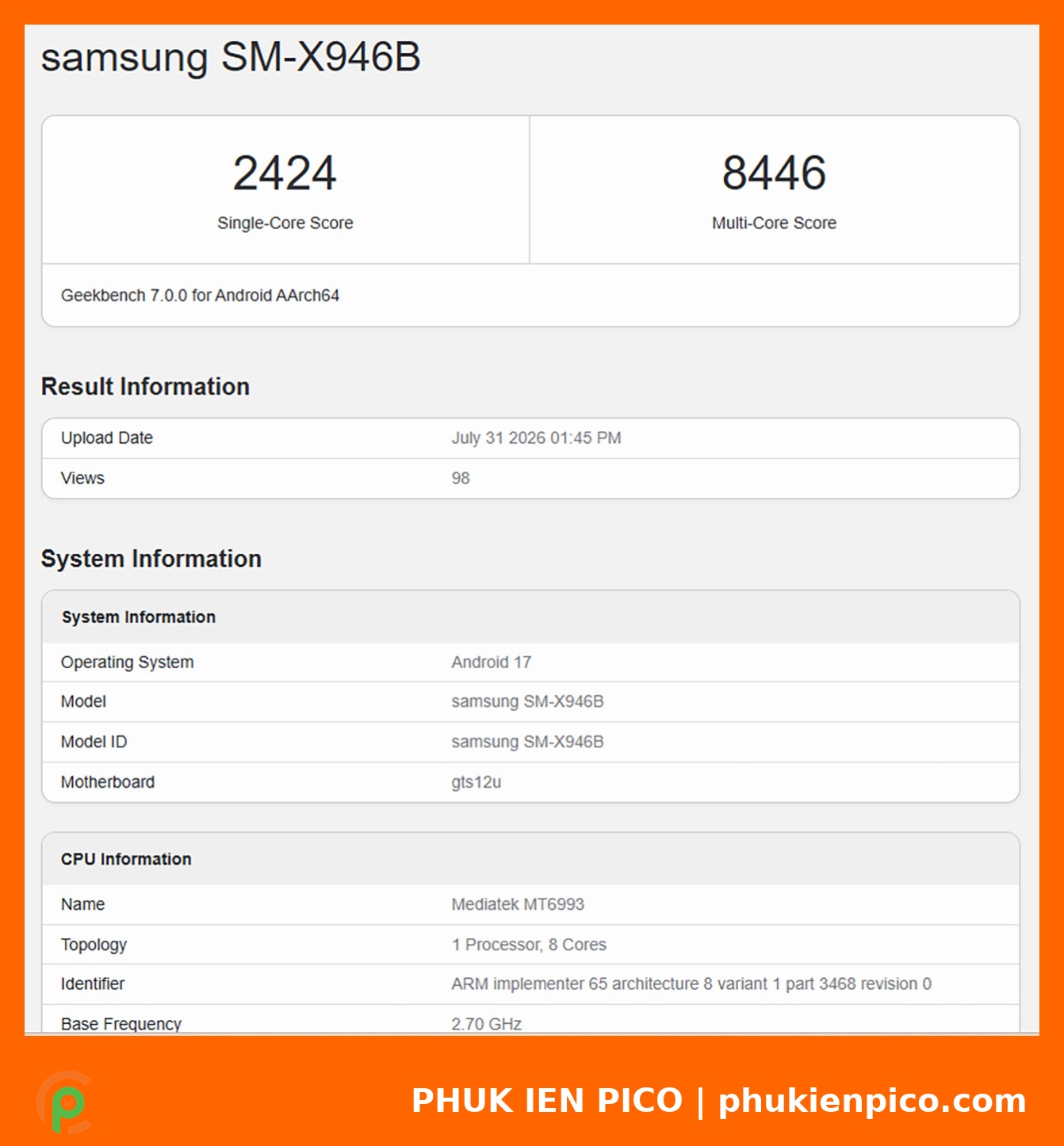 Bảng điểm Geekbench Galaxy Tab S12 Ultra