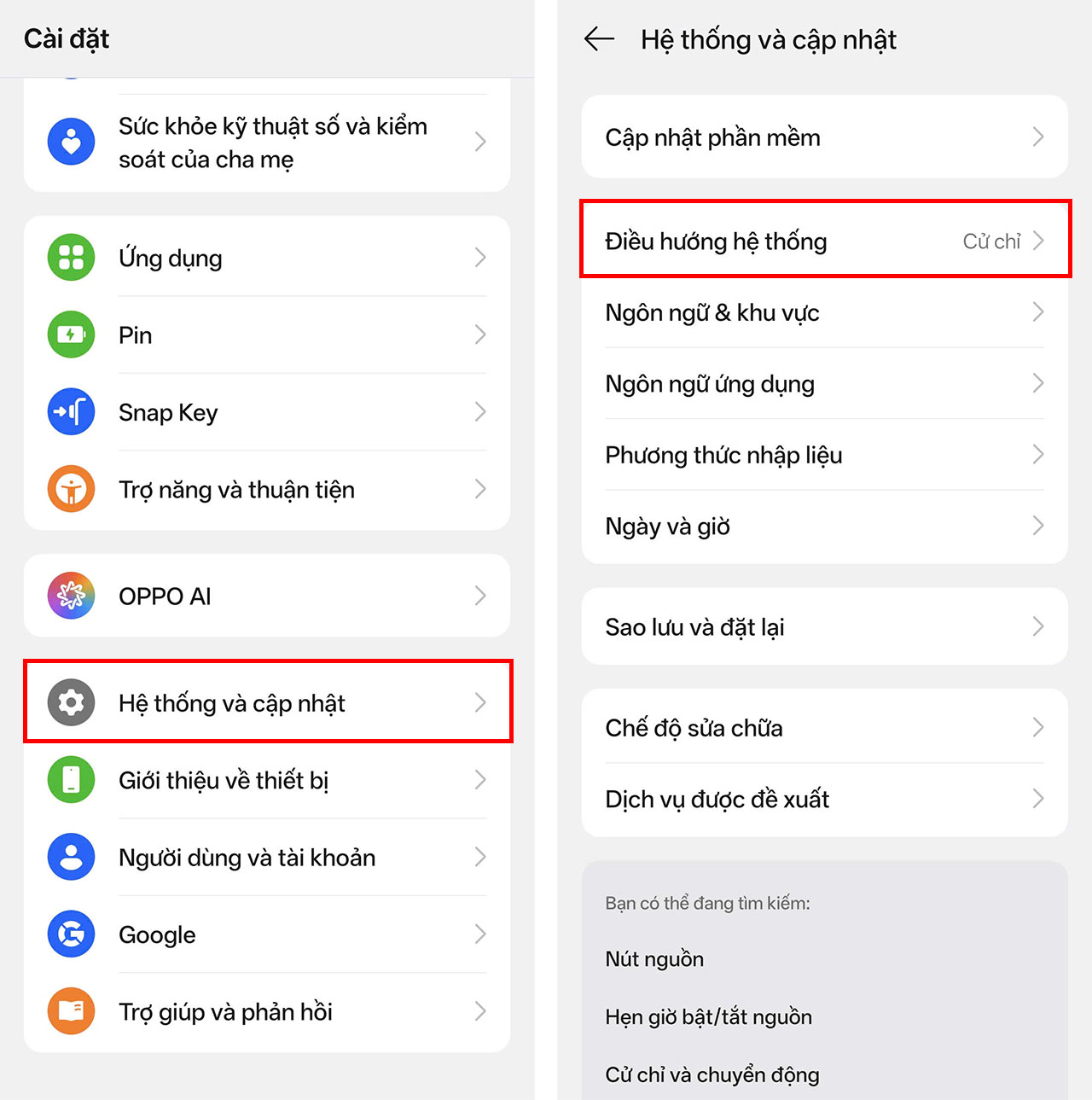 Vào Cài đặt chọn Hệ thống và cập nhật rồi chọn Điều hướng hệ thống trên ColorOS 16