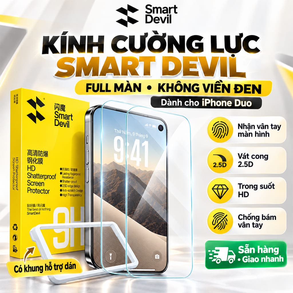 Kính cường lực iPhone Duo trong suốt full màn hình phụ không viền đen hãng Smart Devil có khung hỗ trợ dán