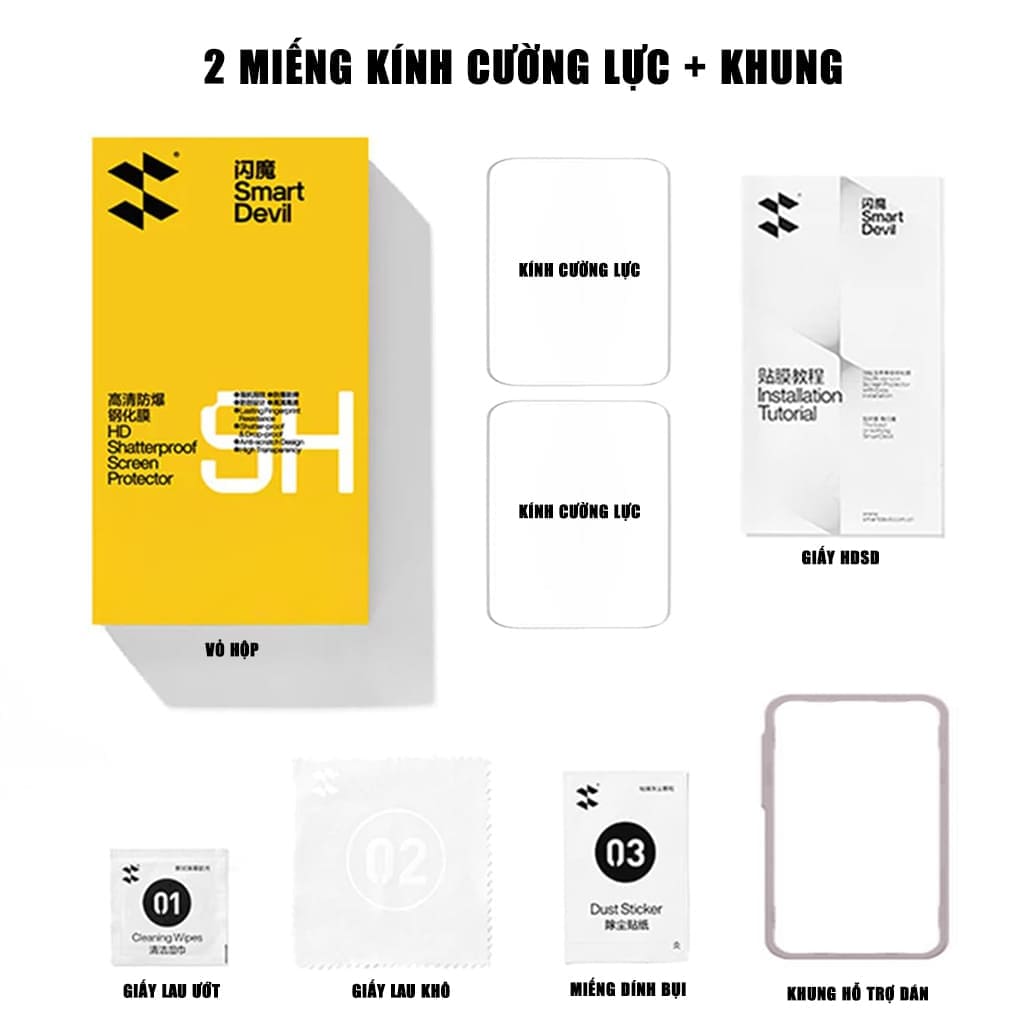 Trọn bộ hộp 2 miếng kính cường lực Smart Devil iPhone Duo và khung tự dán