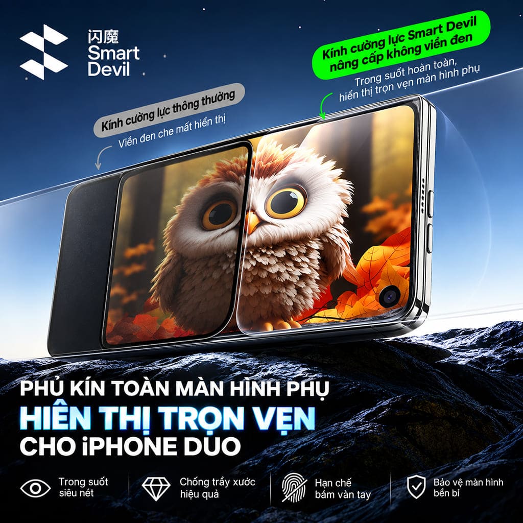 Kính cường lực Smart Devil nâng cấp không viền đen hiển thị trọn vẹn màn hình phụ iPhone Duo