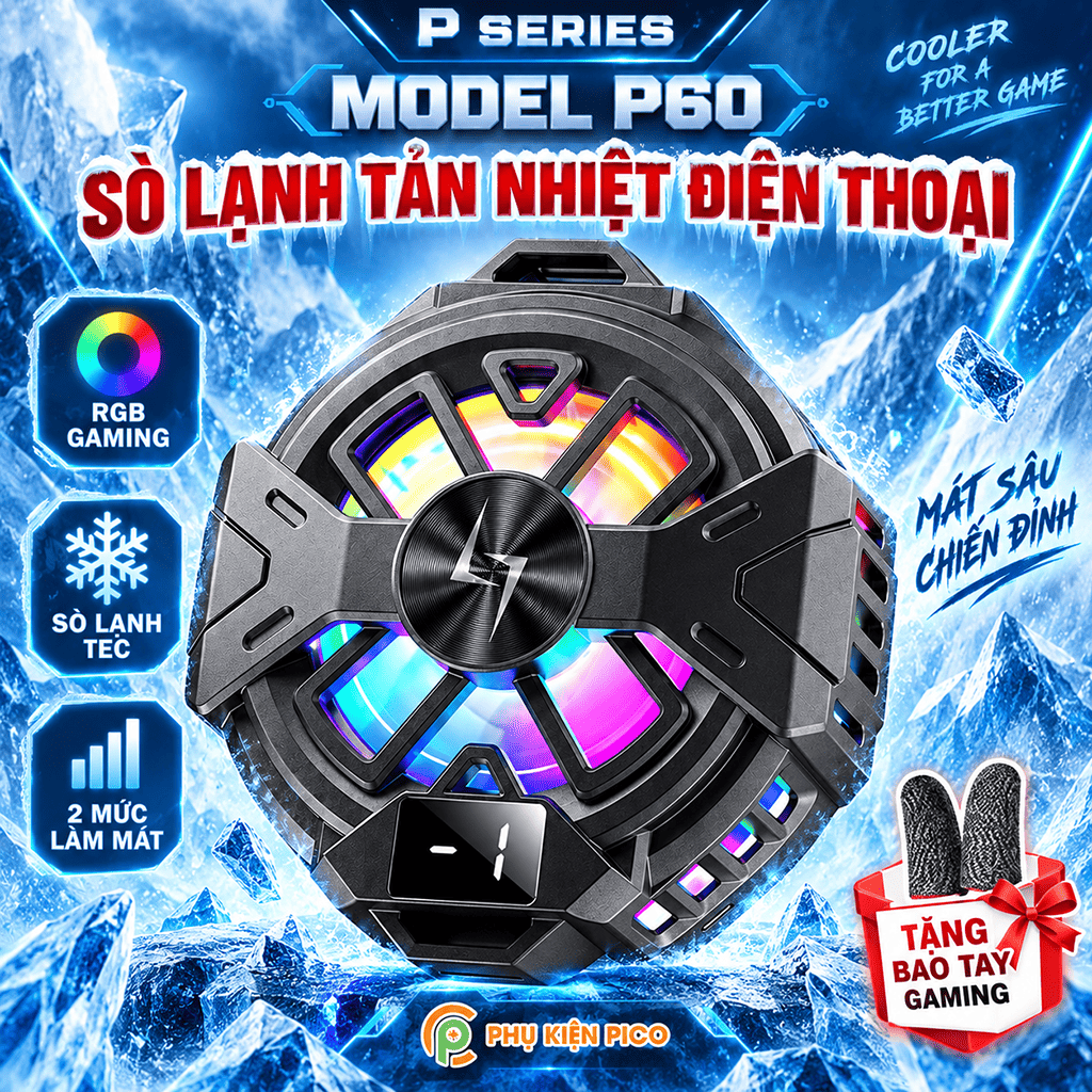 Quạt tản nhiệt điện thoại sò lạnh P60 từ tính có ngàm kẹp rời màn hình hiển thị nhiệt độ giảm nhiệt nhanh hỗ trợ tăng FPS Gaming