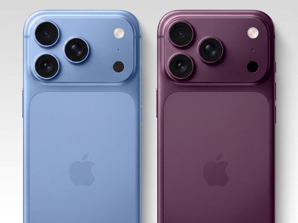 Render iPhone 18 Pro Max 2 màu sắc mới Dark Cherry đỏ mận và Sky Blue xanh da trời