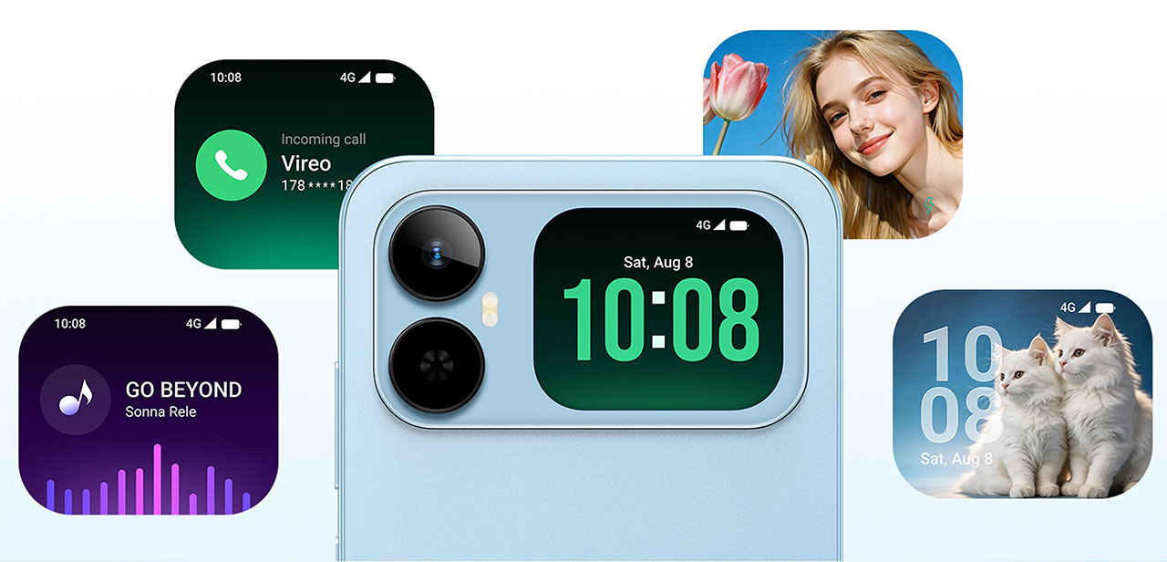 Màn hình phụ nhỏ ở mặt lưng HONOR Play 20A hiển thị đồng hồ và trình phát nhạc