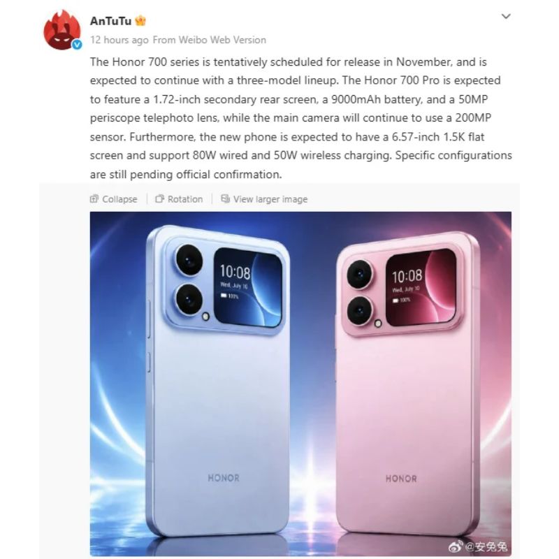 Thông số kỹ thuật HONOR 700 Pro trên Weibo và AnTuTu