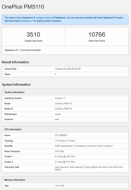 Bảng điểm Geekbench OnePlus Ace 7 PMS110 đơn nhân 3510 đa nhân 10766