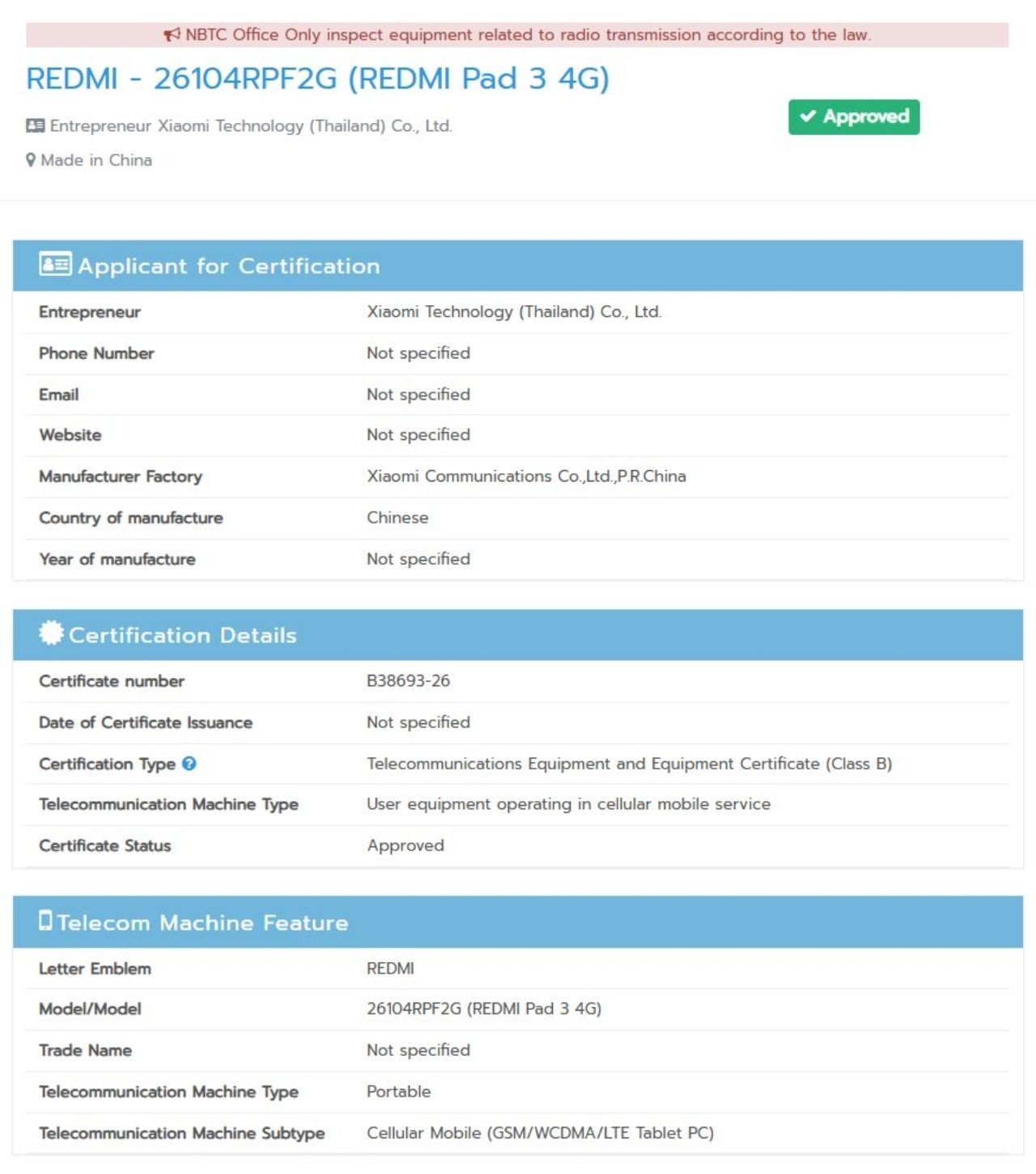 Chứng nhận NBTC Thái Lan xác nhận Redmi Pad 3 4G model 26104RPF2G hỗ trợ mạng di động LTE